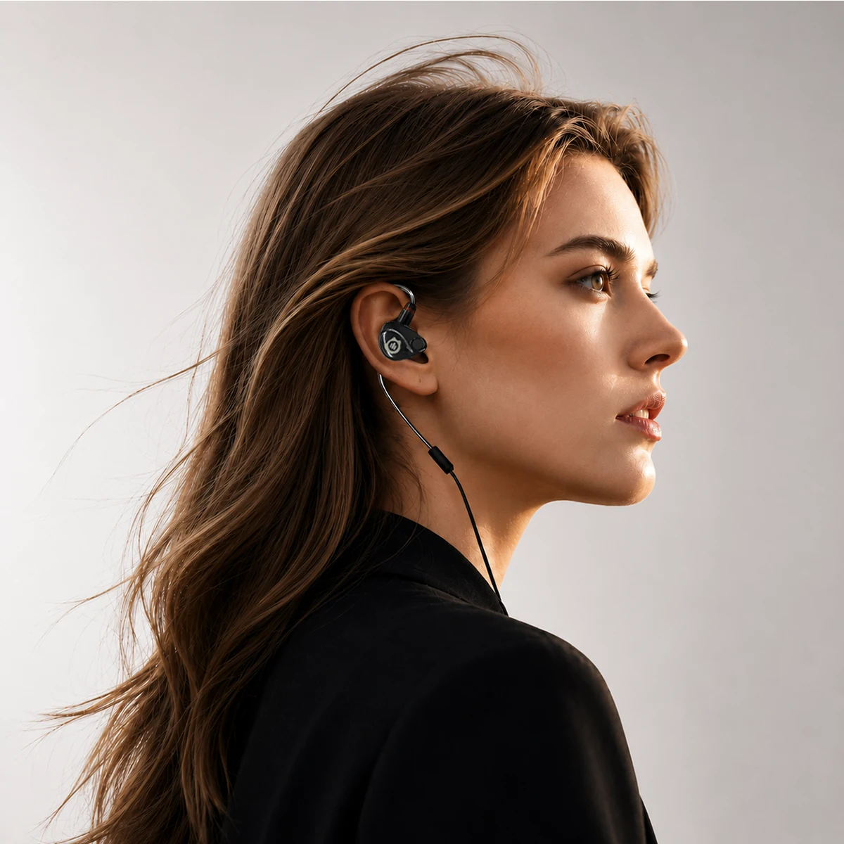 Person wearing Dubbing AI Voice Changing Earbuds