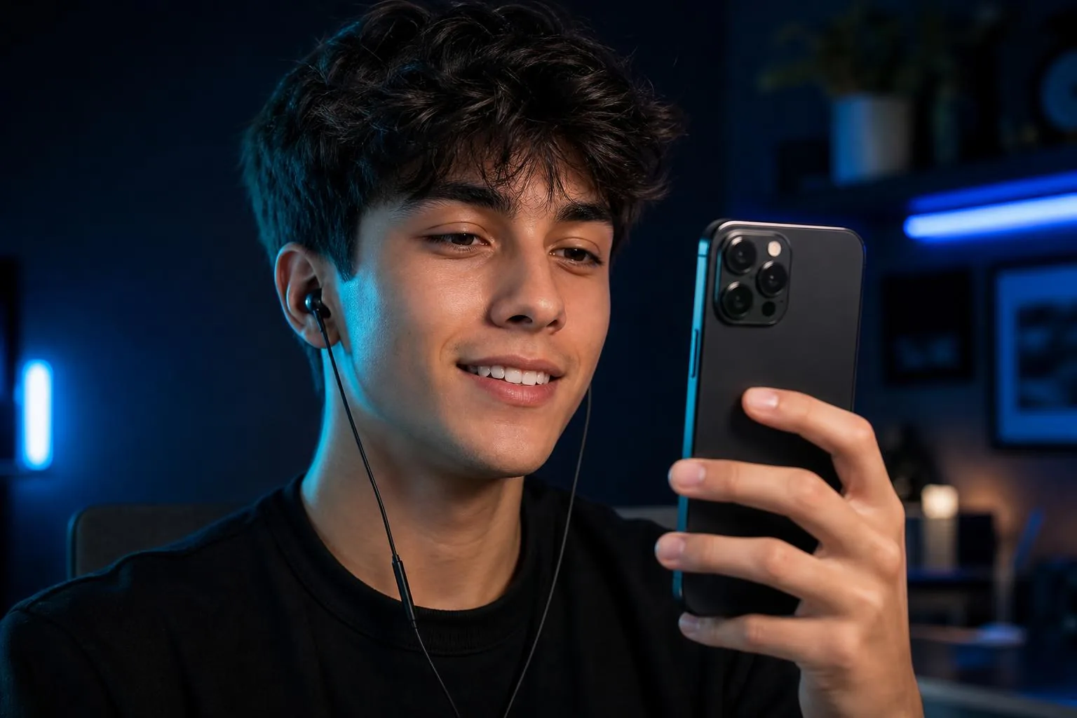Young person holding a smartphone in front of their face on a video call, wearing black wired in-ear earbuds