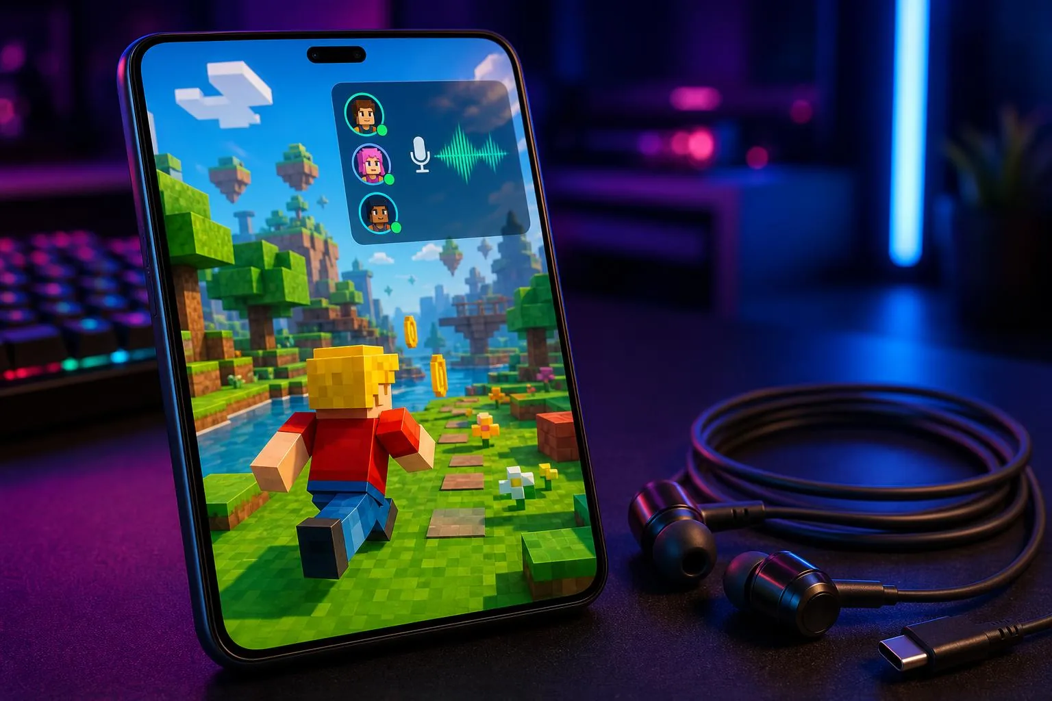 Focused young gamer wearing wired earbuds bathed in RGB monitor light