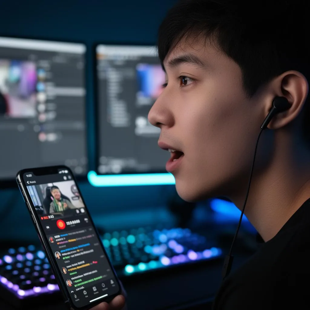 Streamer wearing USB-C earbuds with a blurred OBS live-streaming interface and RGB keyboard glow in the background