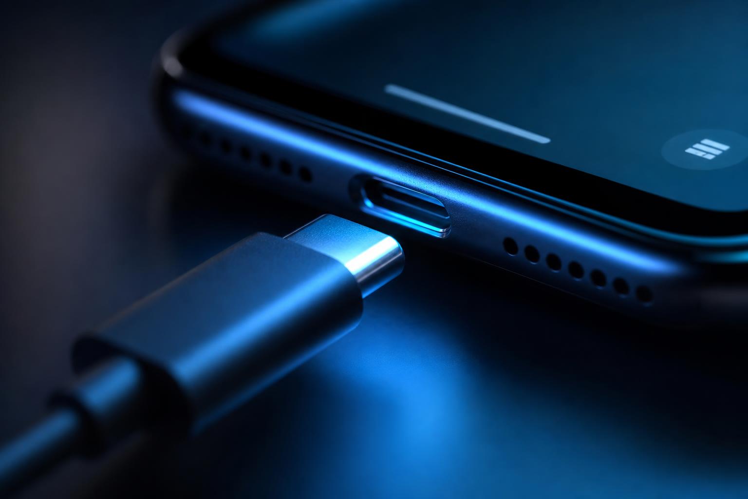 USB-C connector about to plug into a smartphone's Type-C port under cool blue lighting