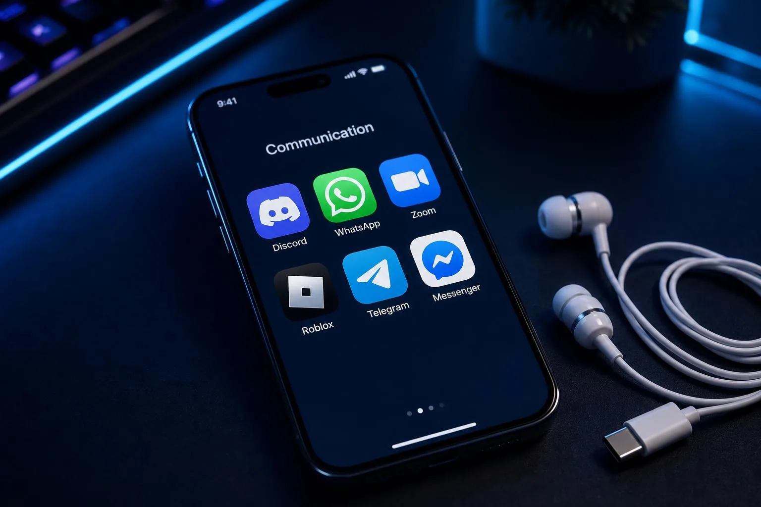 Smartphone screen showing Discord, WhatsApp, Zoom, Roblox, Telegram, and Messenger app icons next to white USB-C earbuds on a dark desk